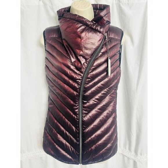 Calvin Klein Metallic Puffer Asymmetrical Zip Chevron Quilted Design Vest XS - Picture 2 of 9